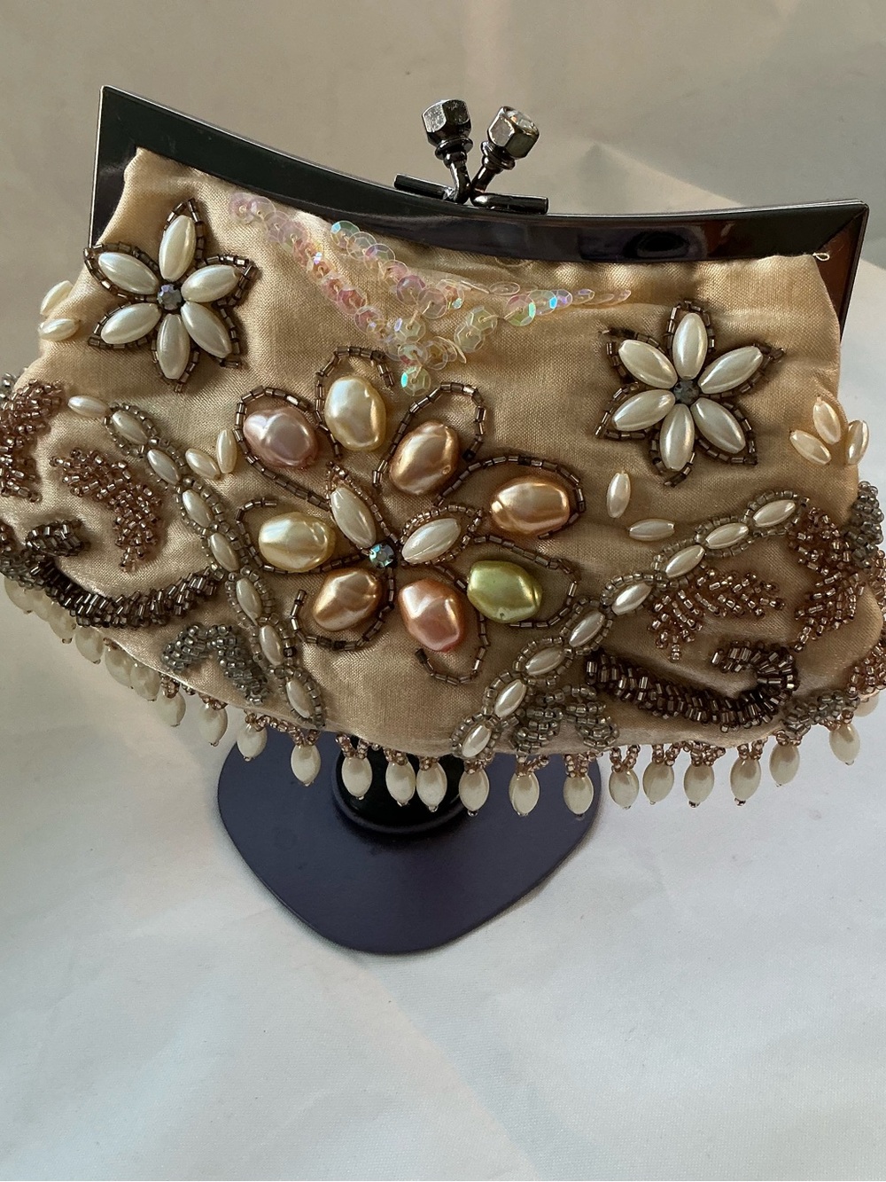 Vintage Women’sCream Gold Bronze Sequin Beaded Purse Evening Bag Clutch Vtg 50s